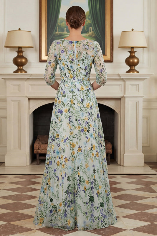 Green Floral Lace A Line Long Mother of the Bride Dress with Sleeves