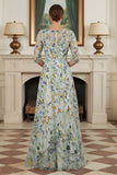 Green Floral Lace A Line Long Mother of the Bride Dress with Sleeves
