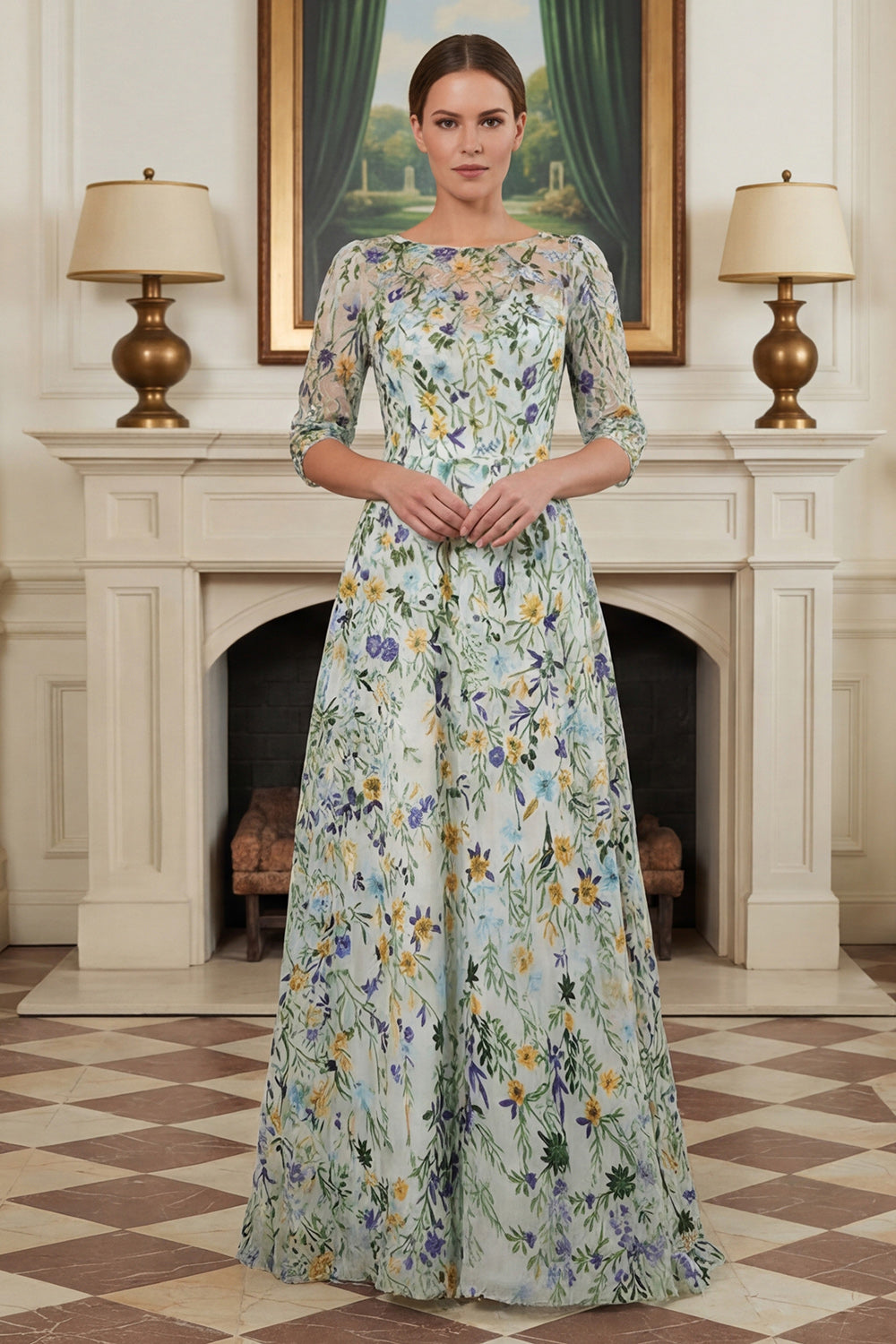 Green Floral Lace A Line Long Mother of the Bride Dress with Sleeves