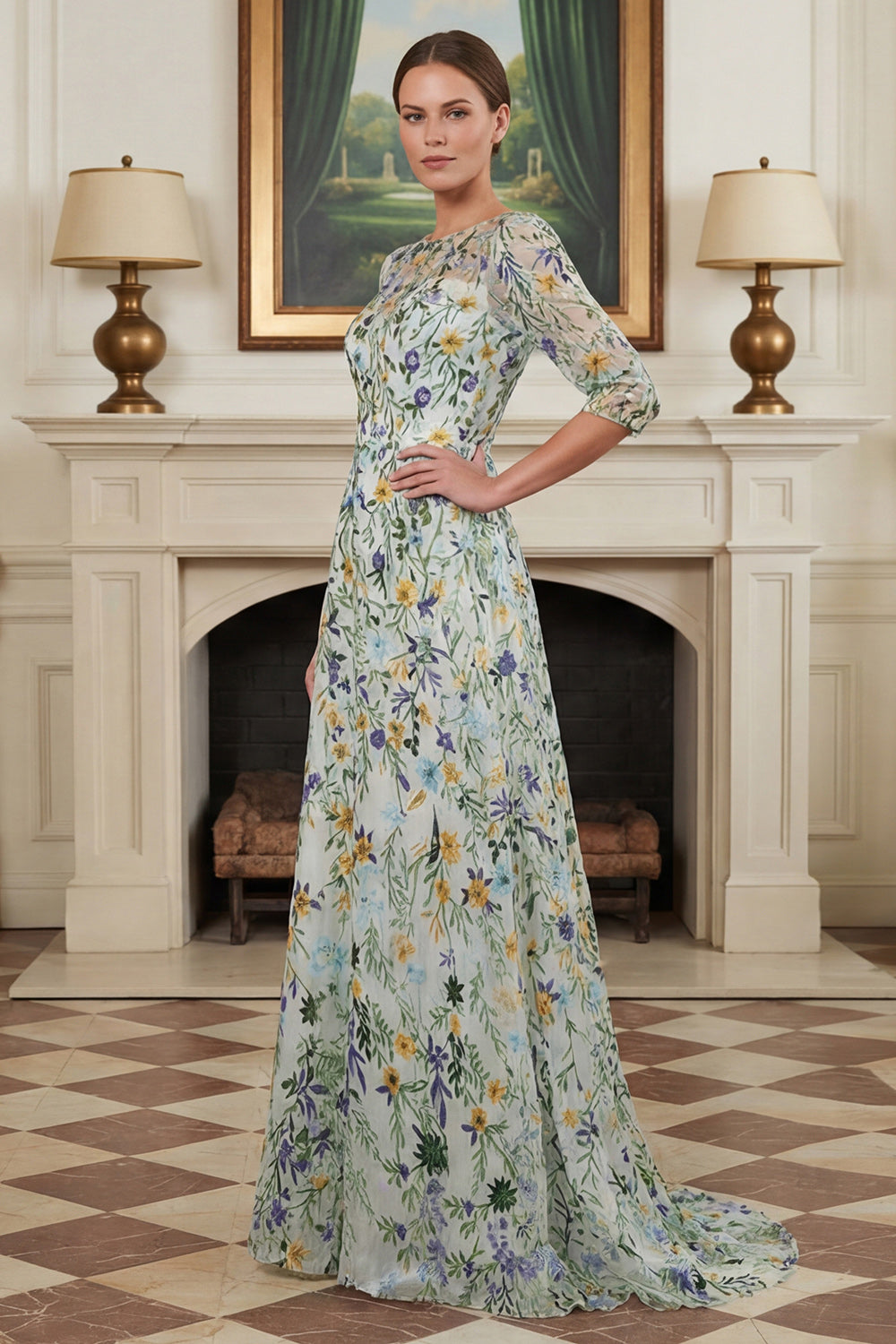 Green Floral Lace A Line Long Mother of the Bride Dress with Sleeves