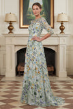 Green Floral Lace A Line Long Mother of the Bride Dress with Sleeves