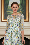 Green Floral Lace A Line Long Mother of the Bride Dress with Sleeves
