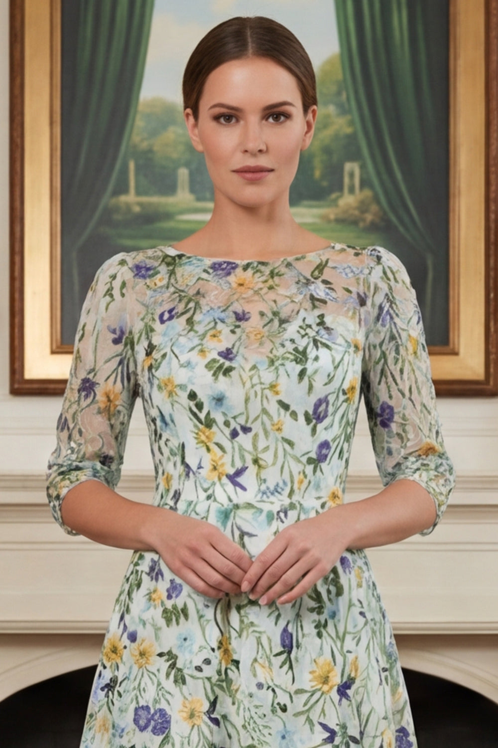 Green Floral Lace A Line Long Mother of the Bride Dress with Sleeves