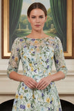 Green Floral Lace A Line Long Mother of the Bride Dress with Sleeves