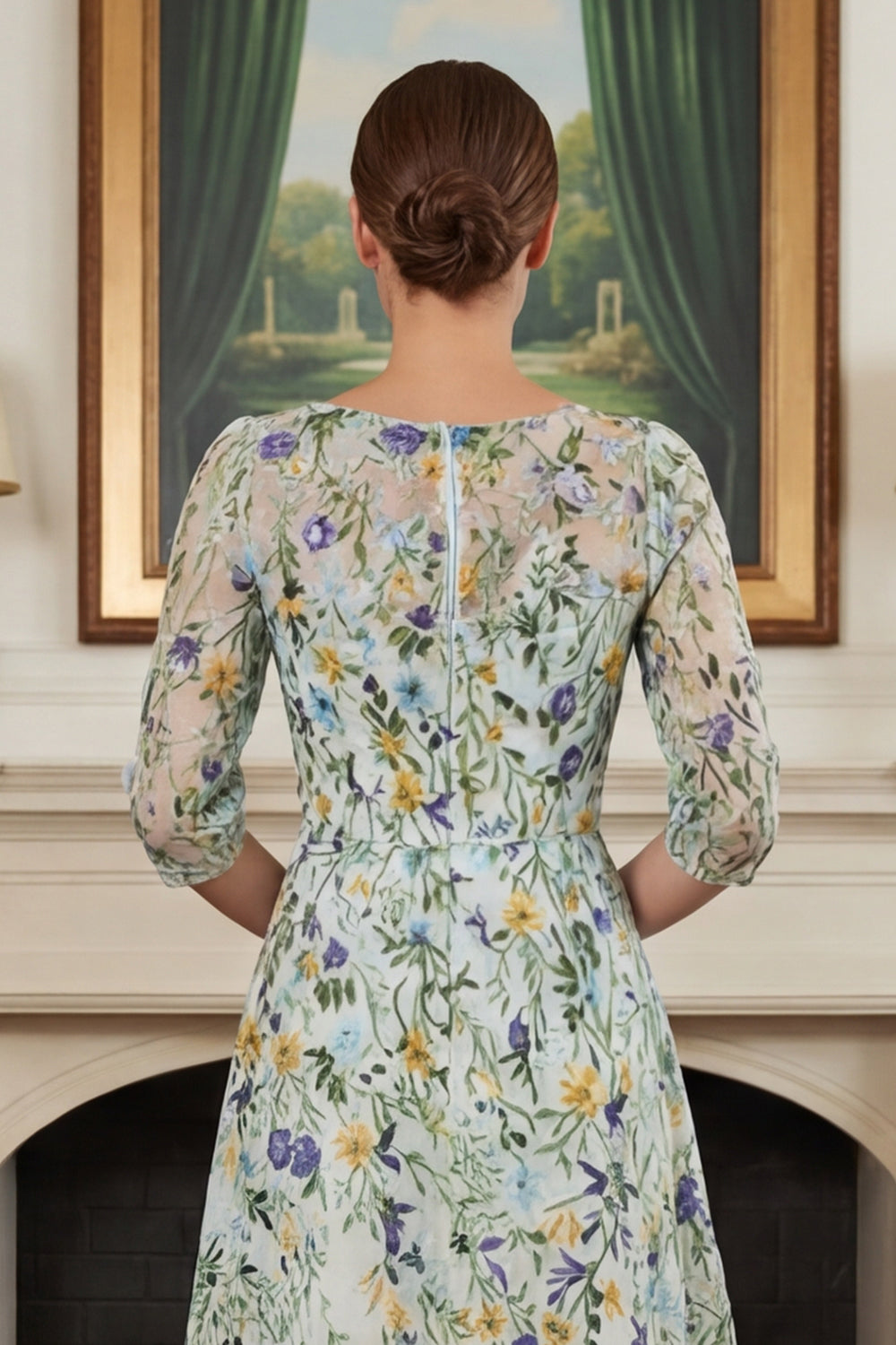 Green Floral Lace A Line Long Mother of the Bride Dress with Sleeves