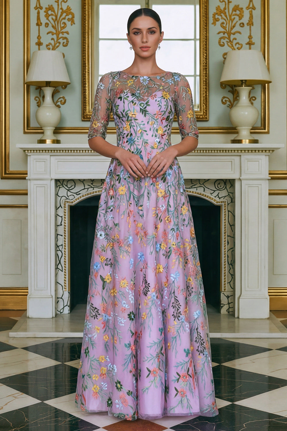 Green Floral Lace A Line Long Mother of the Bride Dress with Sleeves