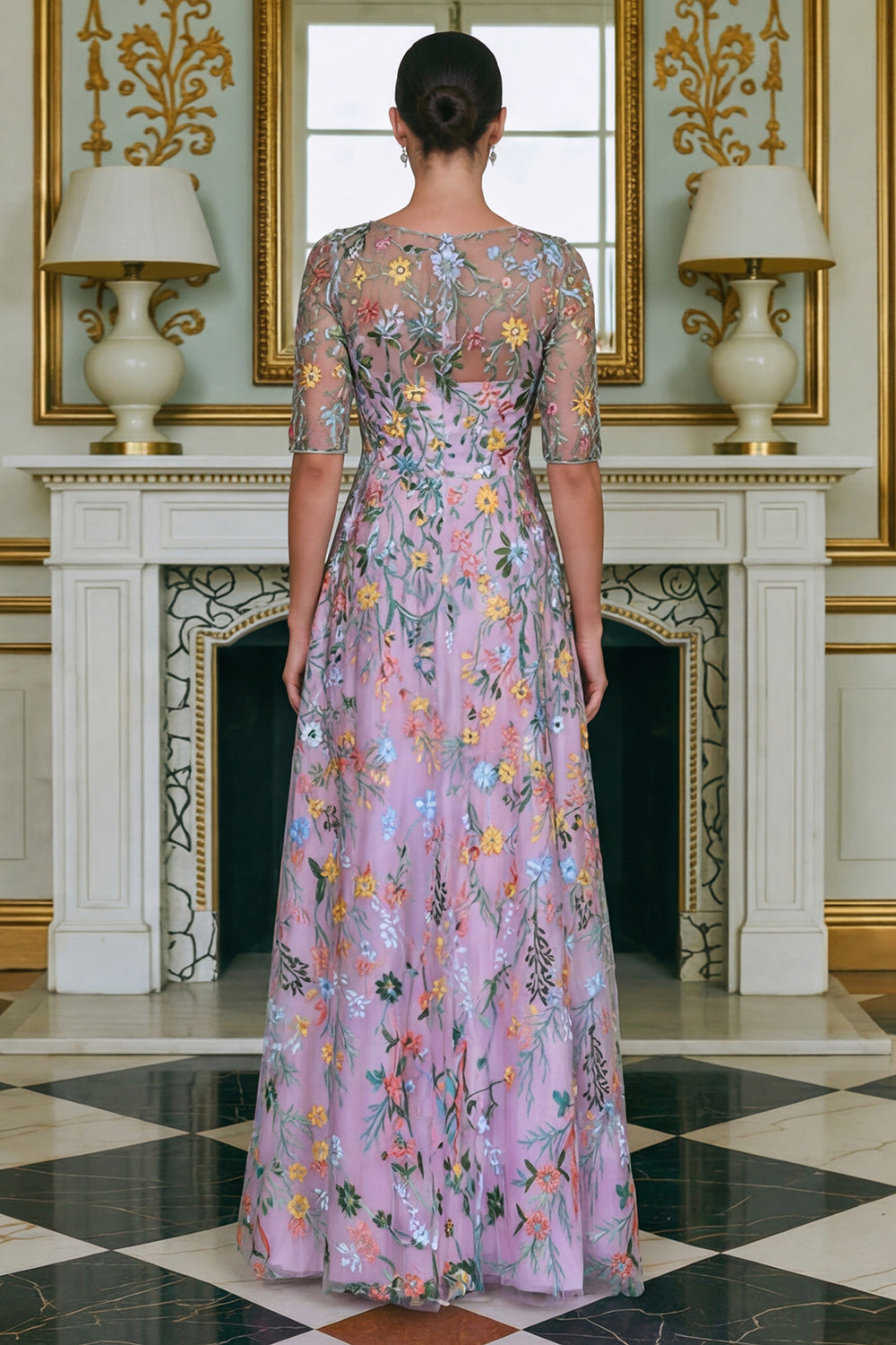 Green Floral Lace A Line Long Mother of the Bride Dress with Sleeves