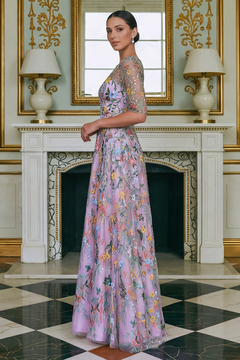 Green Floral Lace A Line Long Mother of the Bride Dress with Sleeves