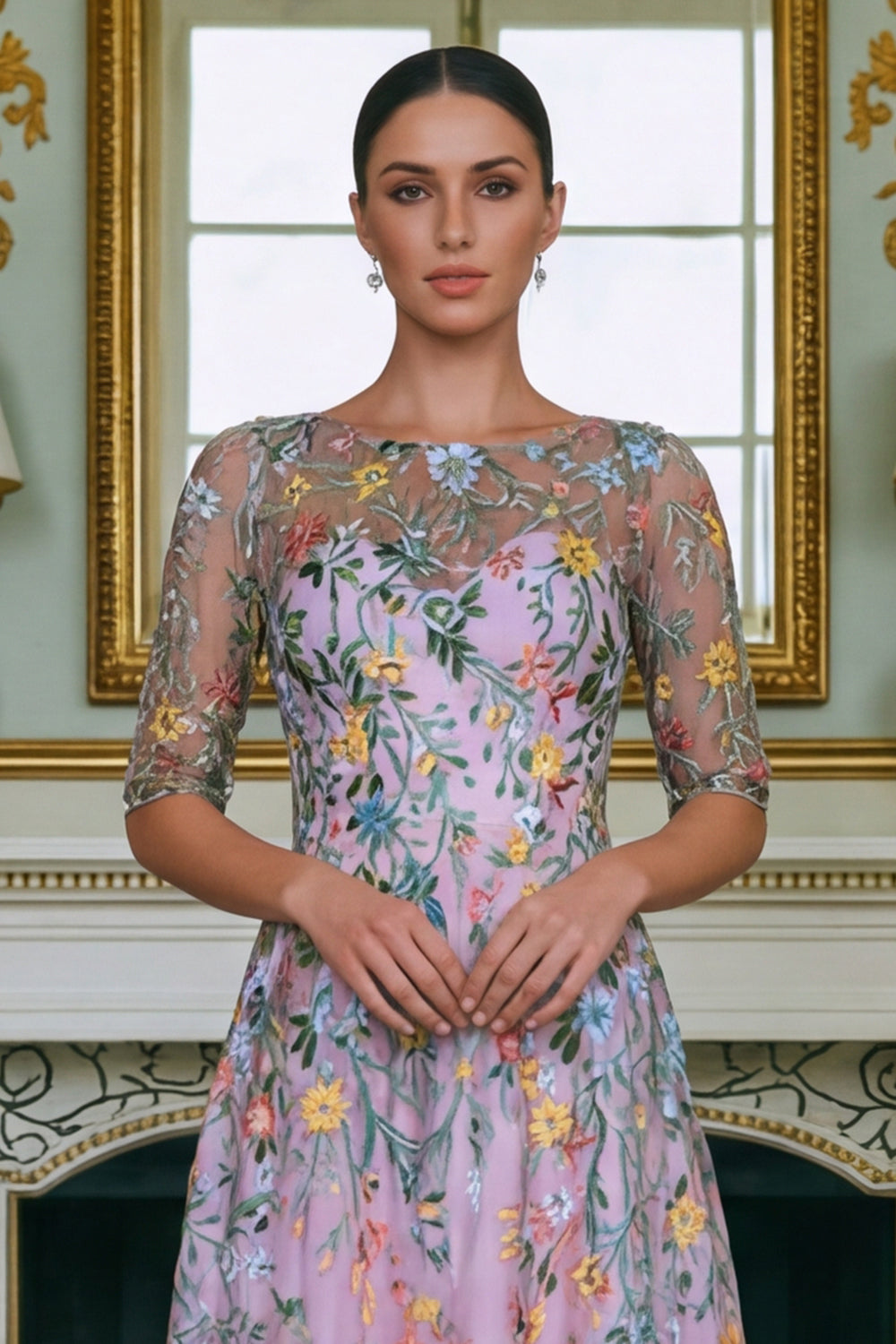 Green Floral Lace A Line Long Mother of the Bride Dress with Sleeves