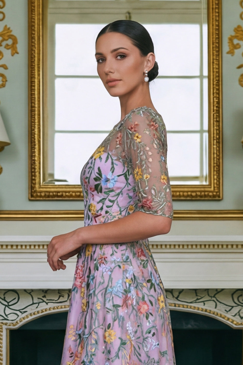 Green Floral Lace A Line Long Mother of the Bride Dress with Sleeves
