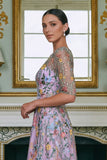 Green Floral Lace A Line Long Mother of the Bride Dress with Sleeves