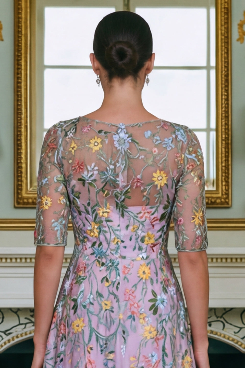 Green Floral Lace A Line Long Mother of the Bride Dress with Sleeves