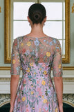 Green Floral Lace A Line Long Mother of the Bride Dress with Sleeves