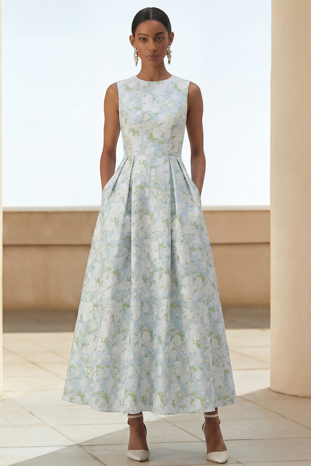 White Blue Floral Round Neck A Line Maxi Wedding Guest Dress