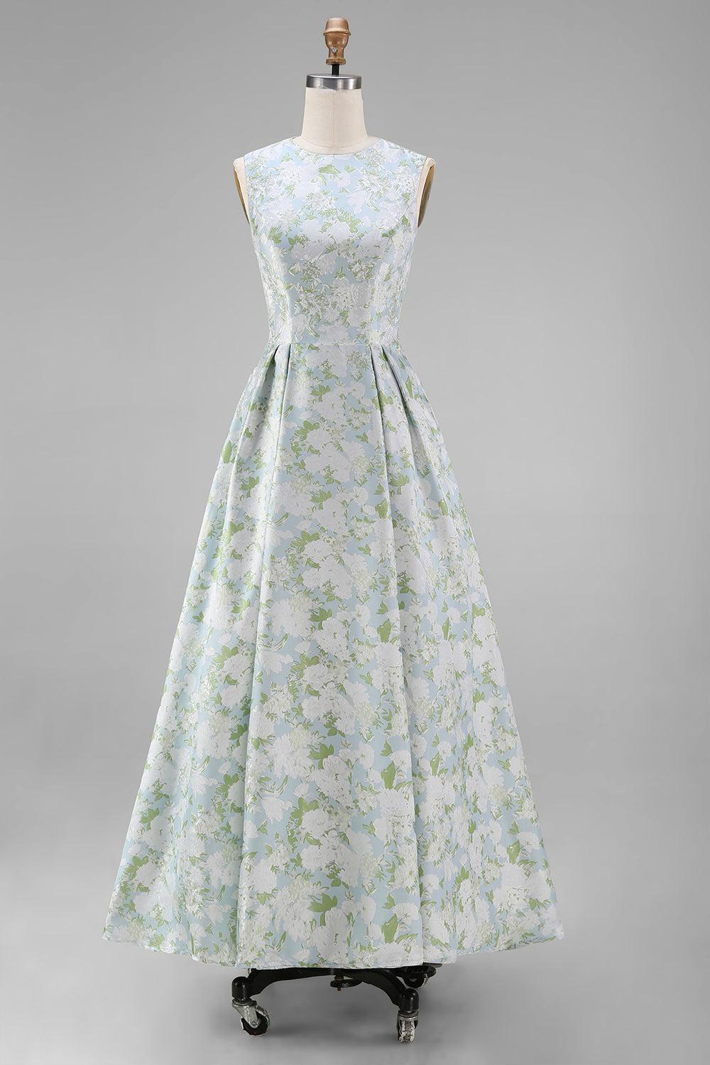 White Blue Floral Round Neck A Line Maxi Wedding Guest Dress
