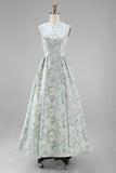 White Blue Floral Round Neck A Line Maxi Wedding Guest Dress