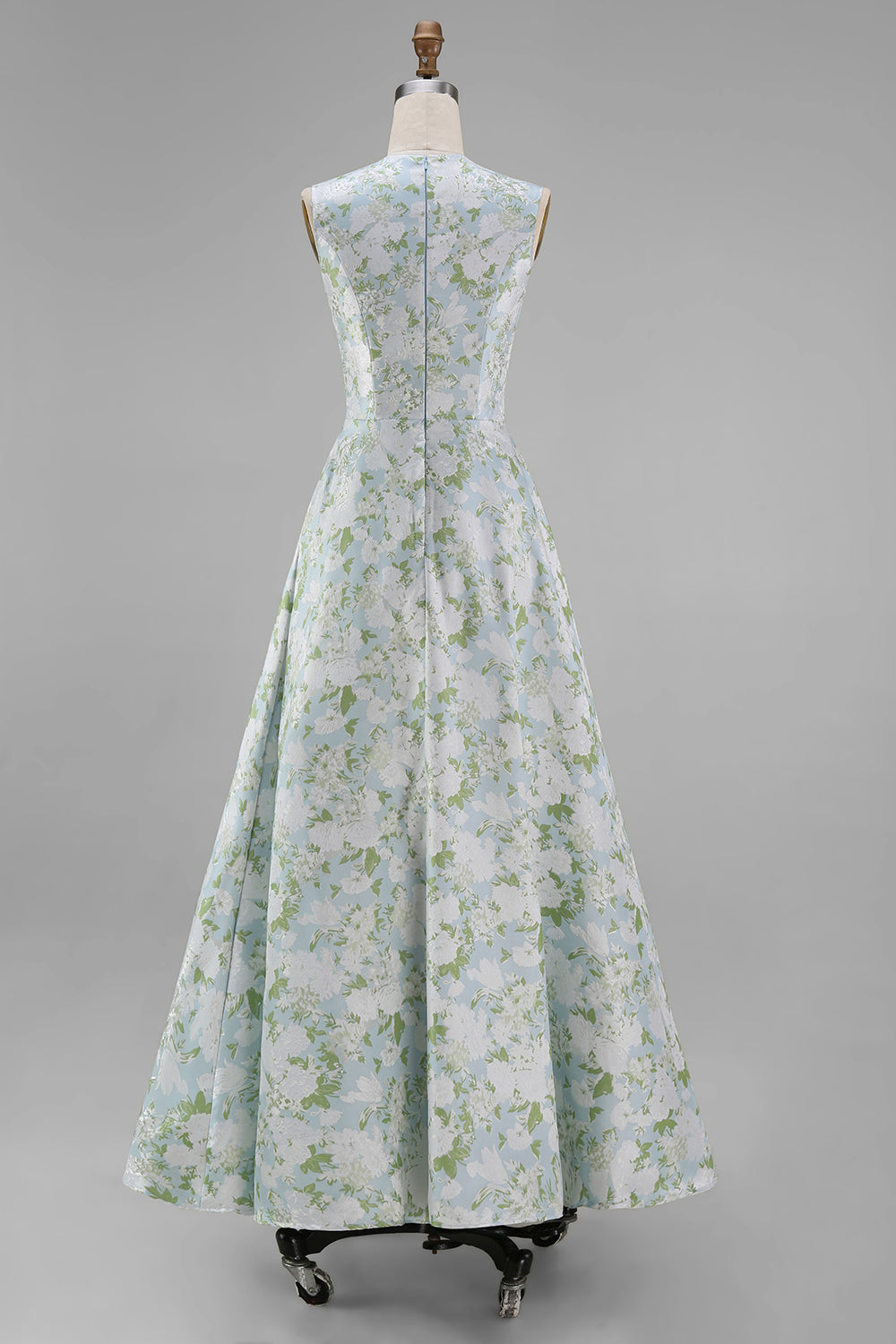 White Blue Floral Round Neck A Line Maxi Wedding Guest Dress