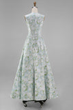 White Blue Floral Round Neck A Line Maxi Wedding Guest Dress