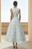 White Blue Floral Round Neck A Line Maxi Wedding Guest Dress