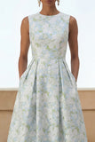 White Blue Floral Round Neck A Line Maxi Wedding Guest Dress