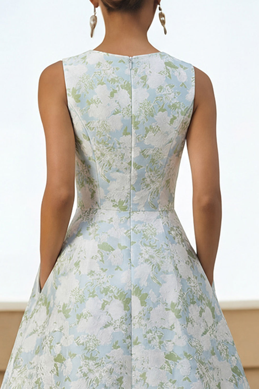 White Blue Floral Round Neck A Line Maxi Wedding Guest Dress