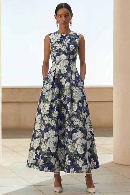 Navy Round Neck A Line Maxi Floral Wedding Guest Dress