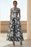 Navy Round Neck A Line Maxi Floral Wedding Guest Dress
