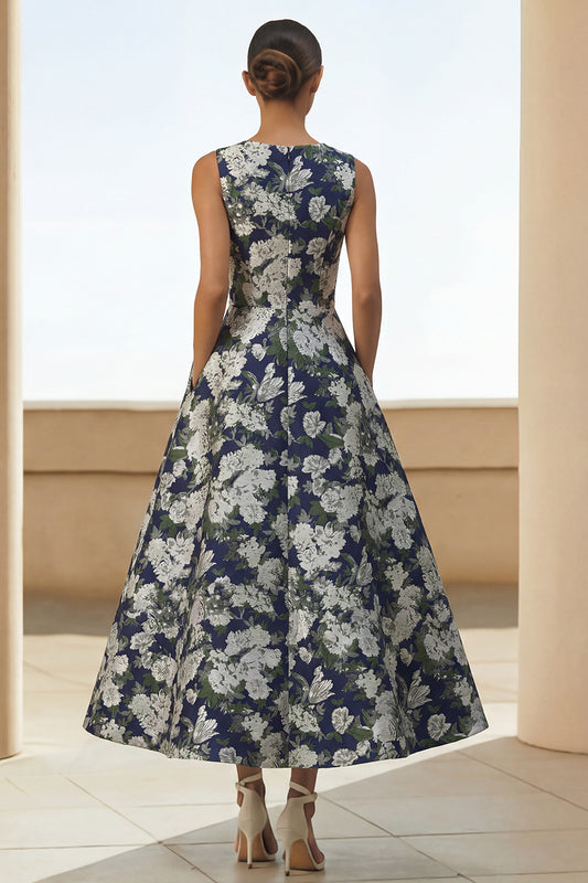 Navy Round Neck A Line Maxi Floral Wedding Guest Dress