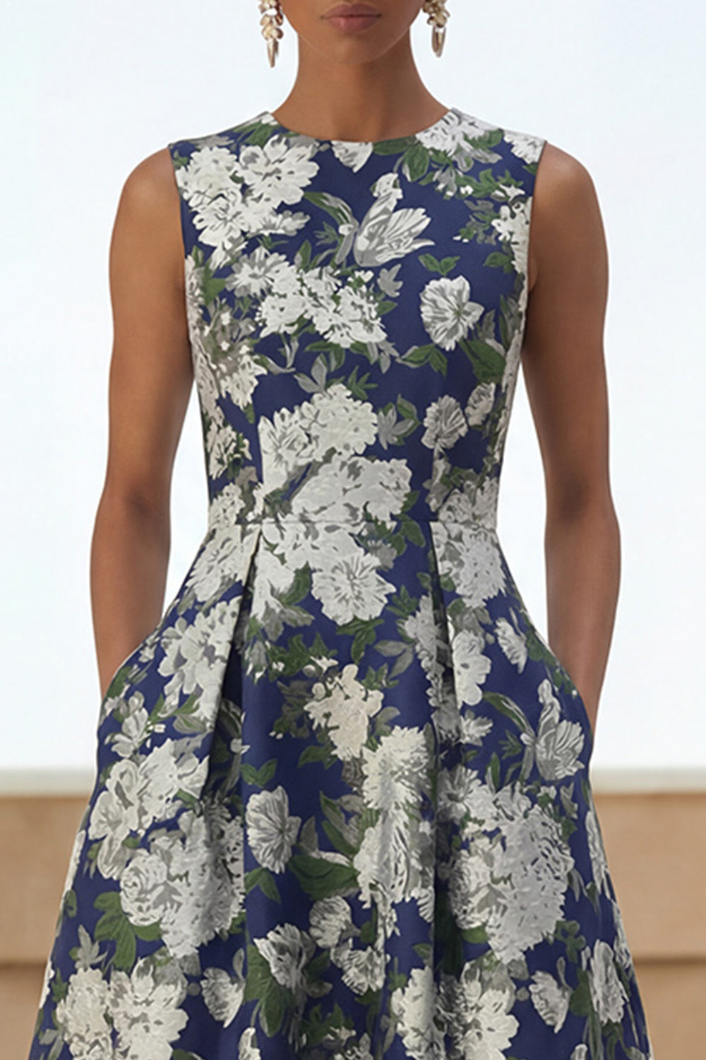 Navy Round Neck A Line Maxi Floral Wedding Guest Dress