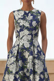 Navy Round Neck A Line Maxi Floral Wedding Guest Dress