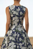 Navy Round Neck A Line Maxi Floral Wedding Guest Dress
