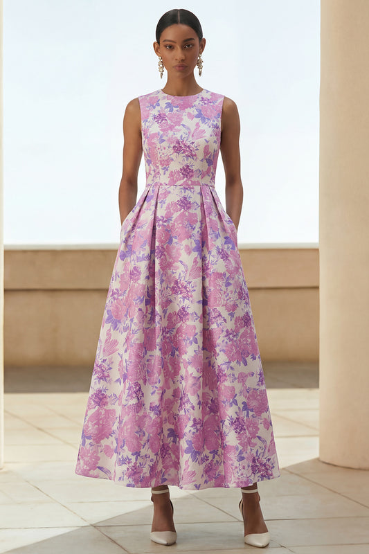 Lilac Round Neck A Line Maxi Floral Wedding Guest Dress