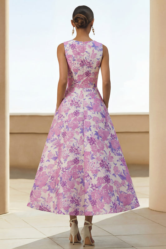 Lilac Round Neck A Line Maxi Floral Wedding Guest Dress