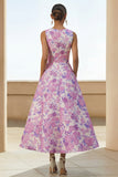 Lilac Round Neck A Line Maxi Floral Wedding Guest Dress