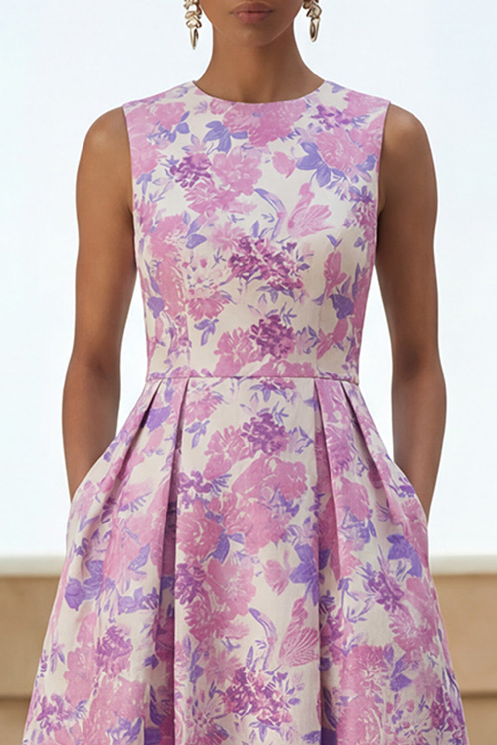 Lilac Round Neck A Line Maxi Floral Wedding Guest Dress