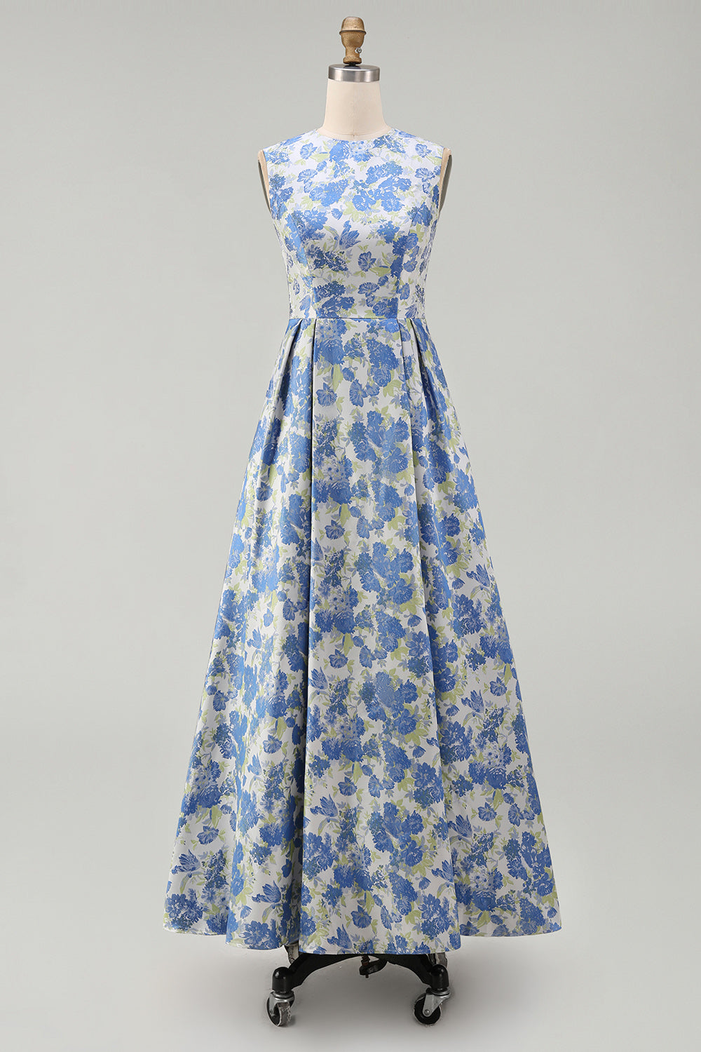 Blue Daffodil A Line Round Neck Maxi Floral Wedding Guest Dress
