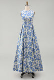 Blue Daffodil A Line Round Neck Maxi Floral Wedding Guest Dress