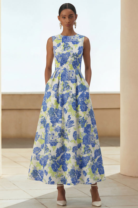 Blue Daffodil A Line Round Neck Maxi Floral Wedding Guest Dress