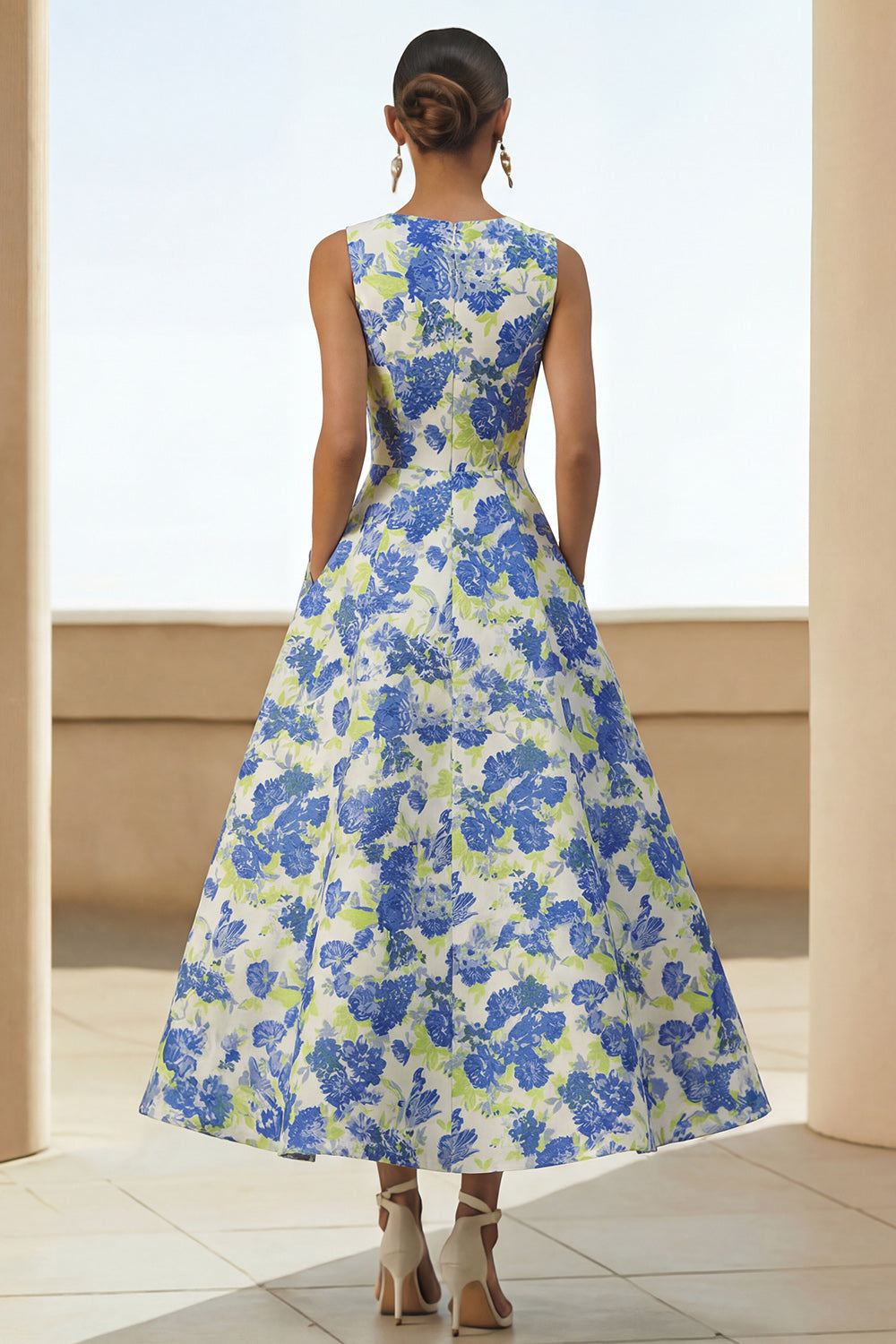 Blue Daffodil A Line Round Neck Maxi Floral Wedding Guest Dress