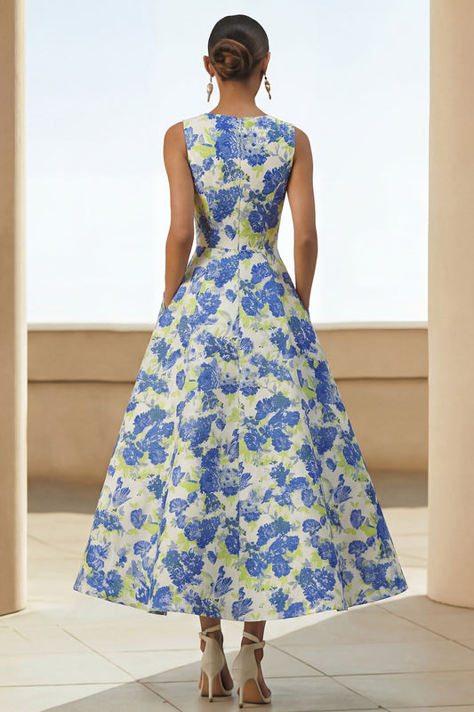 Blue Daffodil A Line Round Neck Maxi Floral Wedding Guest Dress