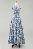 Blue Daffodil A Line Round Neck Maxi Floral Wedding Guest Dress