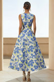 Blue Daffodil A Line Round Neck Maxi Floral Wedding Guest Dress
