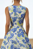 Blue Daffodil A Line Round Neck Maxi Floral Wedding Guest Dress