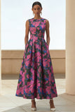 Fuchsia Flower Long A Line Round Neck Wedding Guest Dress