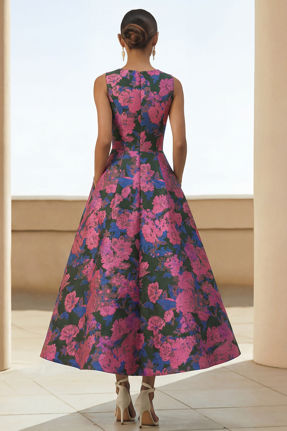 Fuchsia Flower Long A Line Round Neck Wedding Guest Dress