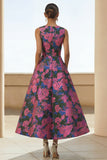 Fuchsia Flower Long A Line Round Neck Wedding Guest Dress