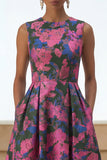 Fuchsia Flower Long A Line Round Neck Wedding Guest Dress