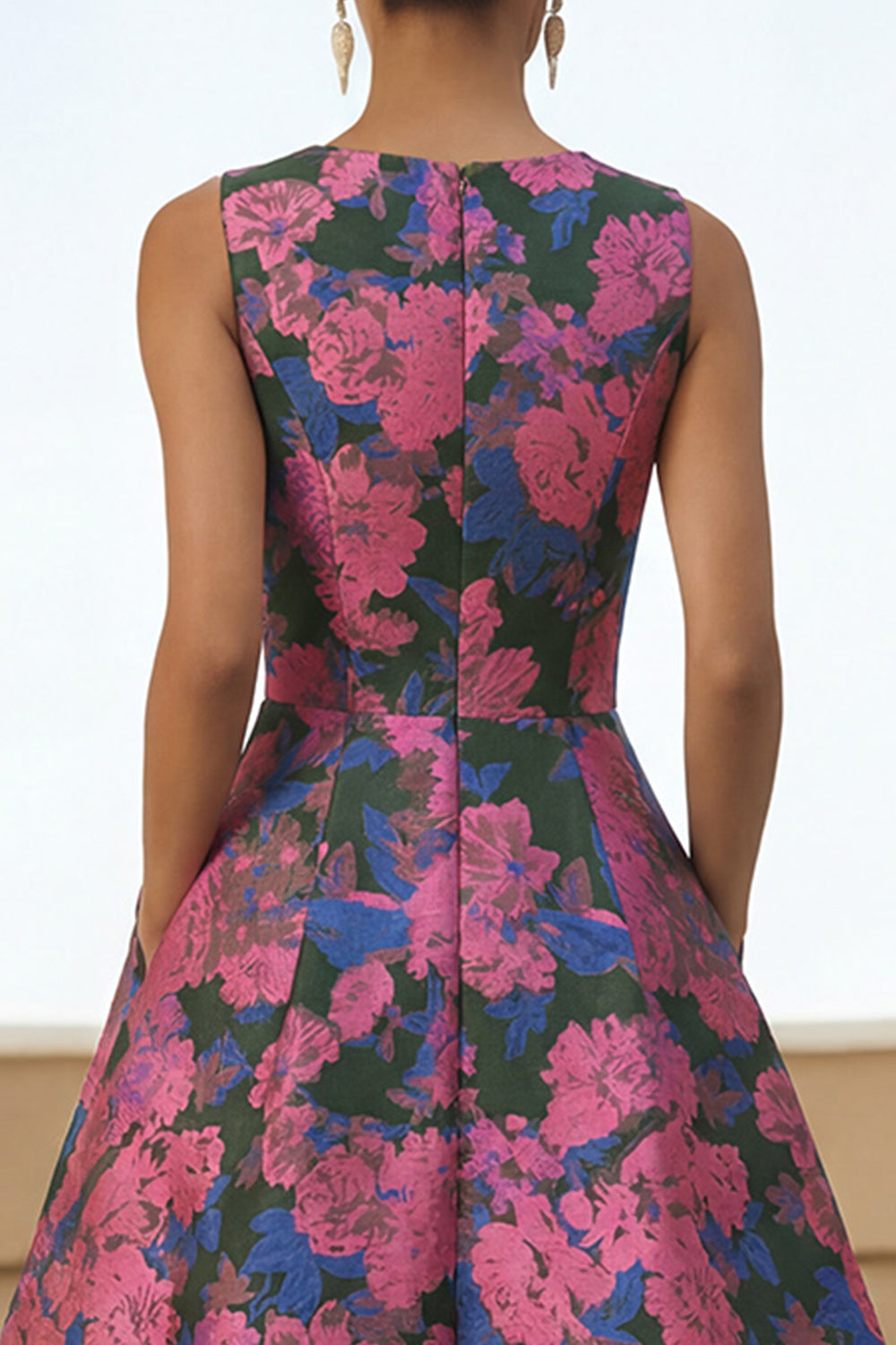 Fuchsia Flower Long A Line Round Neck Wedding Guest Dress