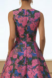 Fuchsia Flower Long A Line Round Neck Wedding Guest Dress