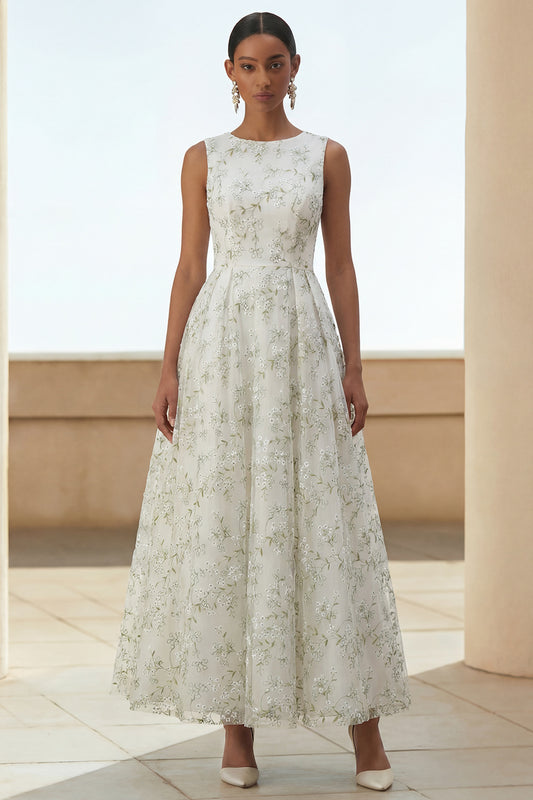 Light Green A Line Maxi Floral Round Neck Wedding Guest Dress